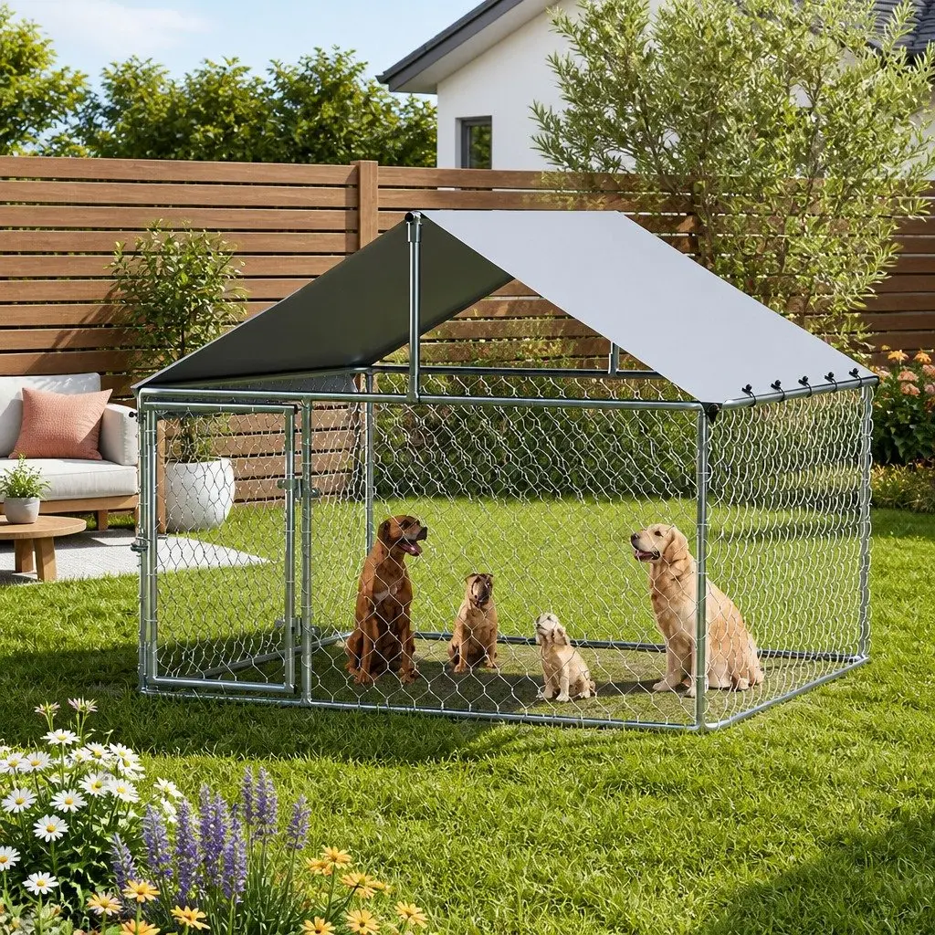 Dog Kennel Large Outdoor House XL Pet Run Cage Enclosure Silver Roof Easy