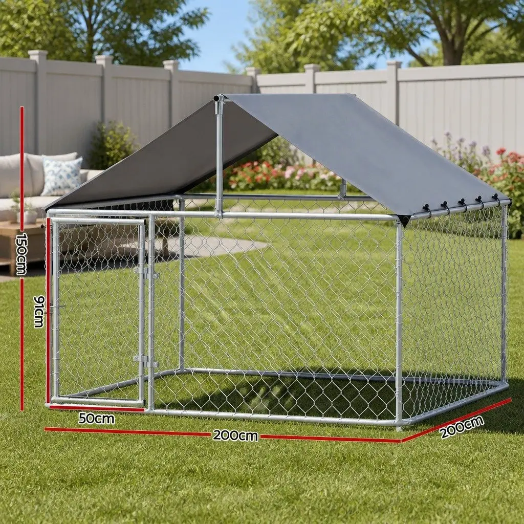 Dog Kennel Large Outdoor House XL Pet Run Cage Enclosure Silver Roof Easy