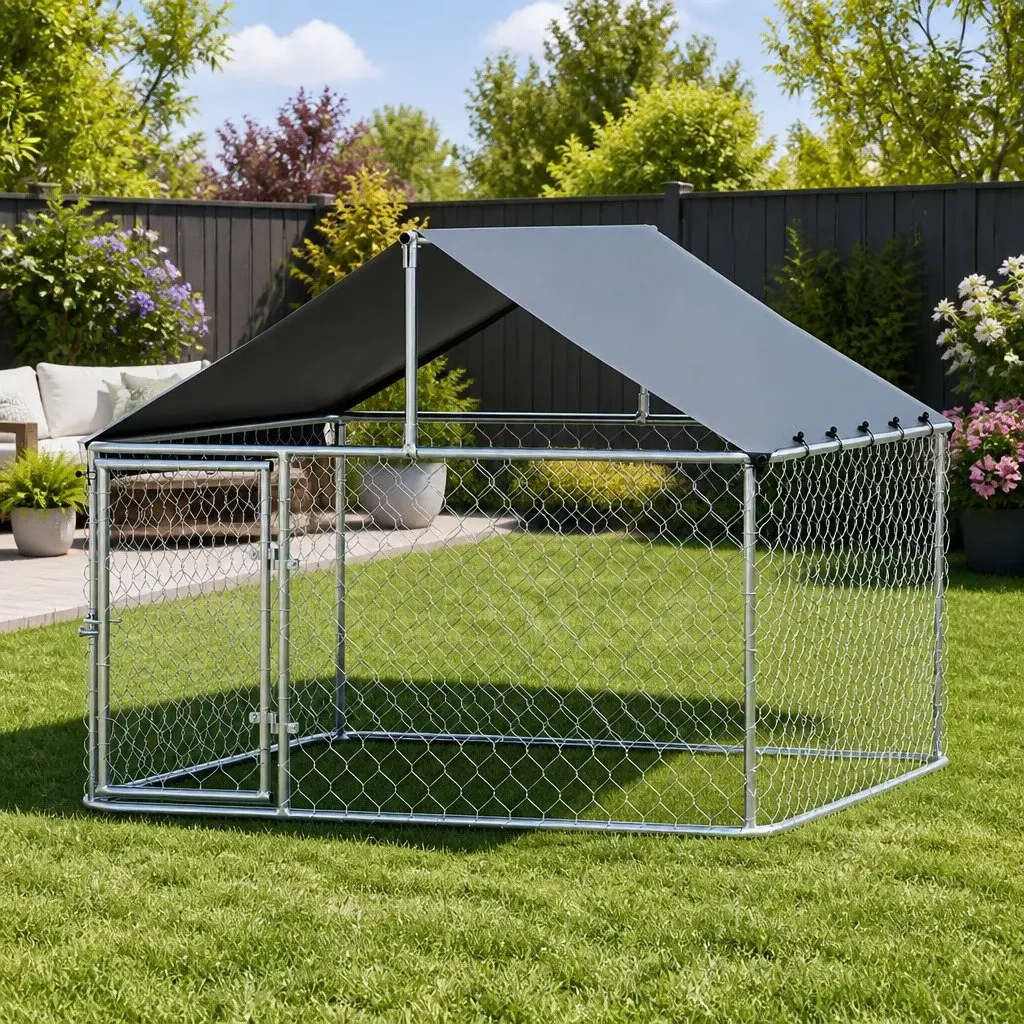 Dog Kennel Large Outdoor House XL Pet Run Cage Enclosure Silver Roof Easy