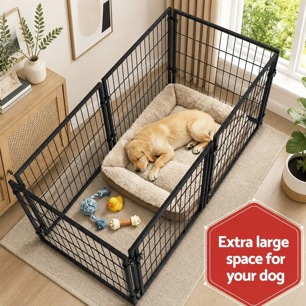 Large Dog Crate Cage Playpen 129cm Black Metal Puppy Pen Pet Enclosure