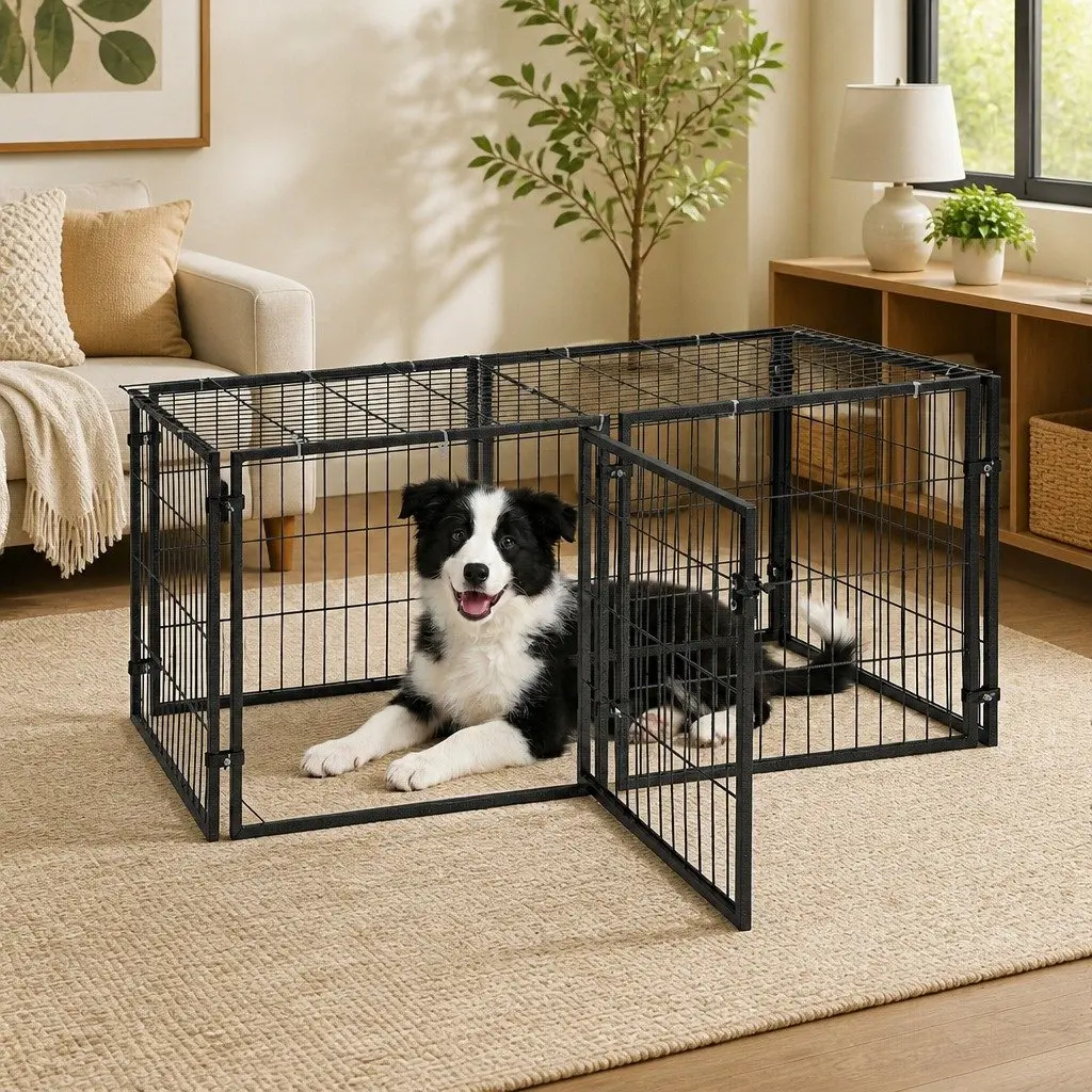 Large Dog Crate Cage Playpen 129cm Black Metal Puppy Pen Pet Enclosure