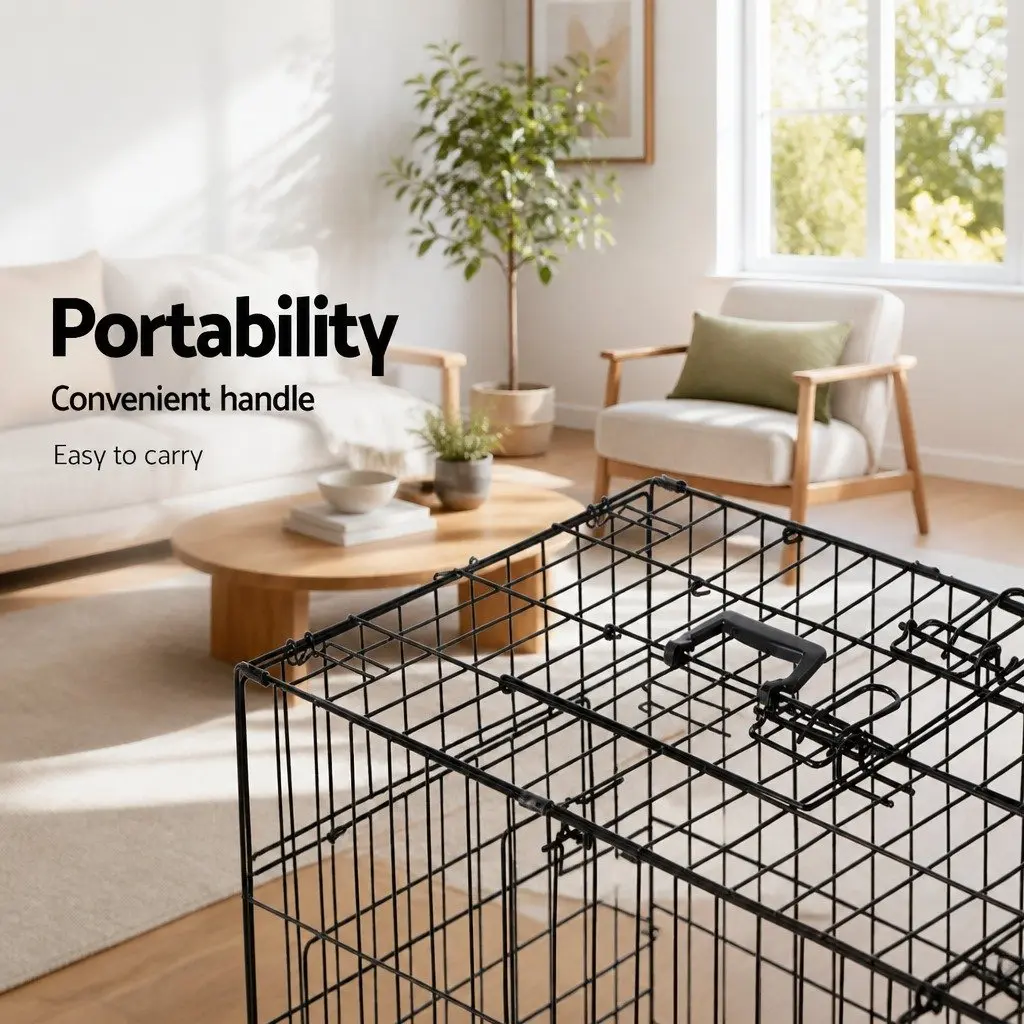 Large Foldable Dog Crate Metal 42 Inch Black with Three Access Doors for Pet Containment