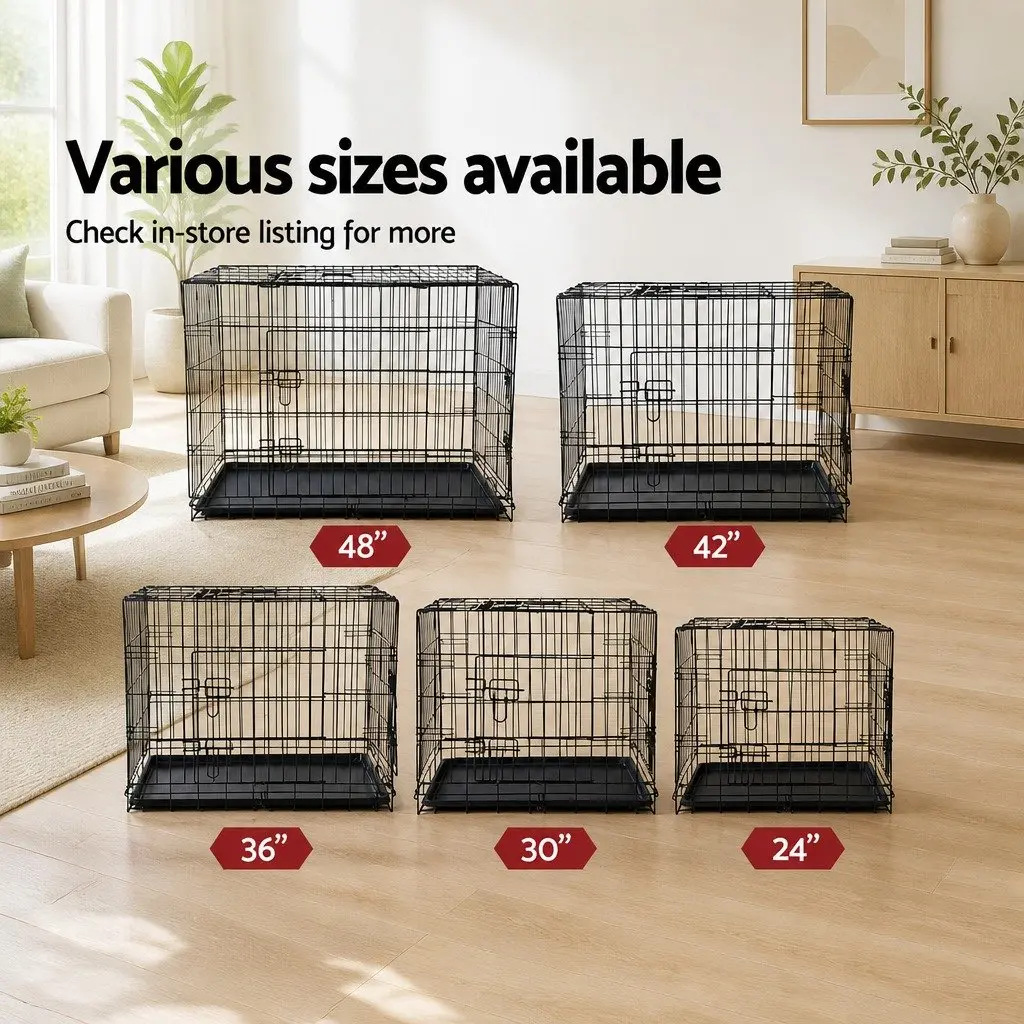Large Foldable Dog Crate Metal 42 Inch Black with Three Access Doors for Pet Containment