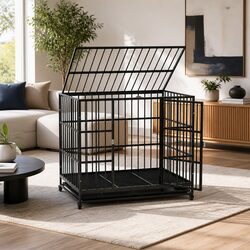Dog Cage Crate Large Pet Kennel Lockable Wheels Removable Tray Metal Black