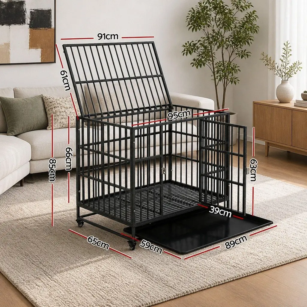 Dog Cage Crate Large Pet Kennel Lockable Wheels Removable Tray Metal Black