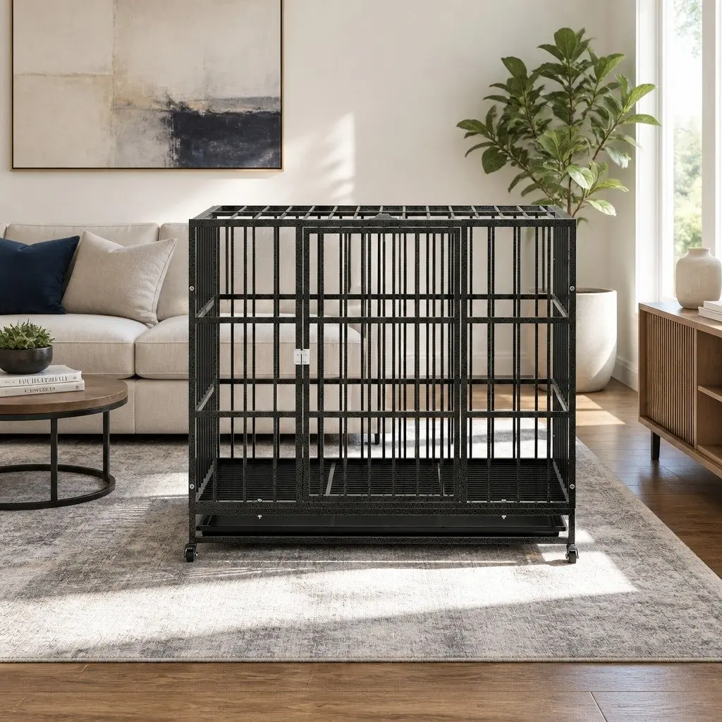 Dog Cage Crate Large Pet Kennel Lockable Wheels Removable Tray Metal Black