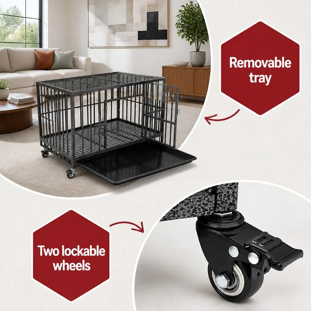 Dog Cage Crate Large Pet Kennel Lockable Wheels Removable Tray Metal Black