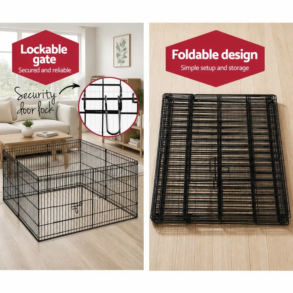 8 Panel Dog Playpen Powder-Coated Steel 24" Black Foldable