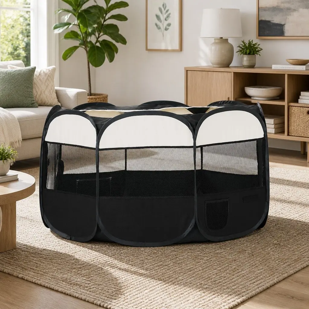 Pet Playpen Enclosure 3XL Foldable Indoor Outdoor Shelter with Removable Roof Black and White