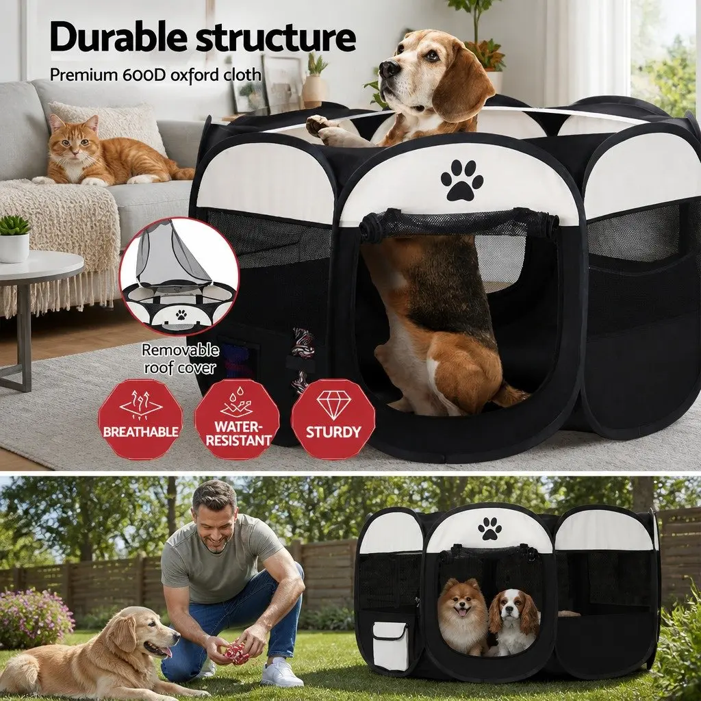 Pet Playpen Enclosure 3XL Foldable Indoor Outdoor Shelter with Removable Roof Black and White