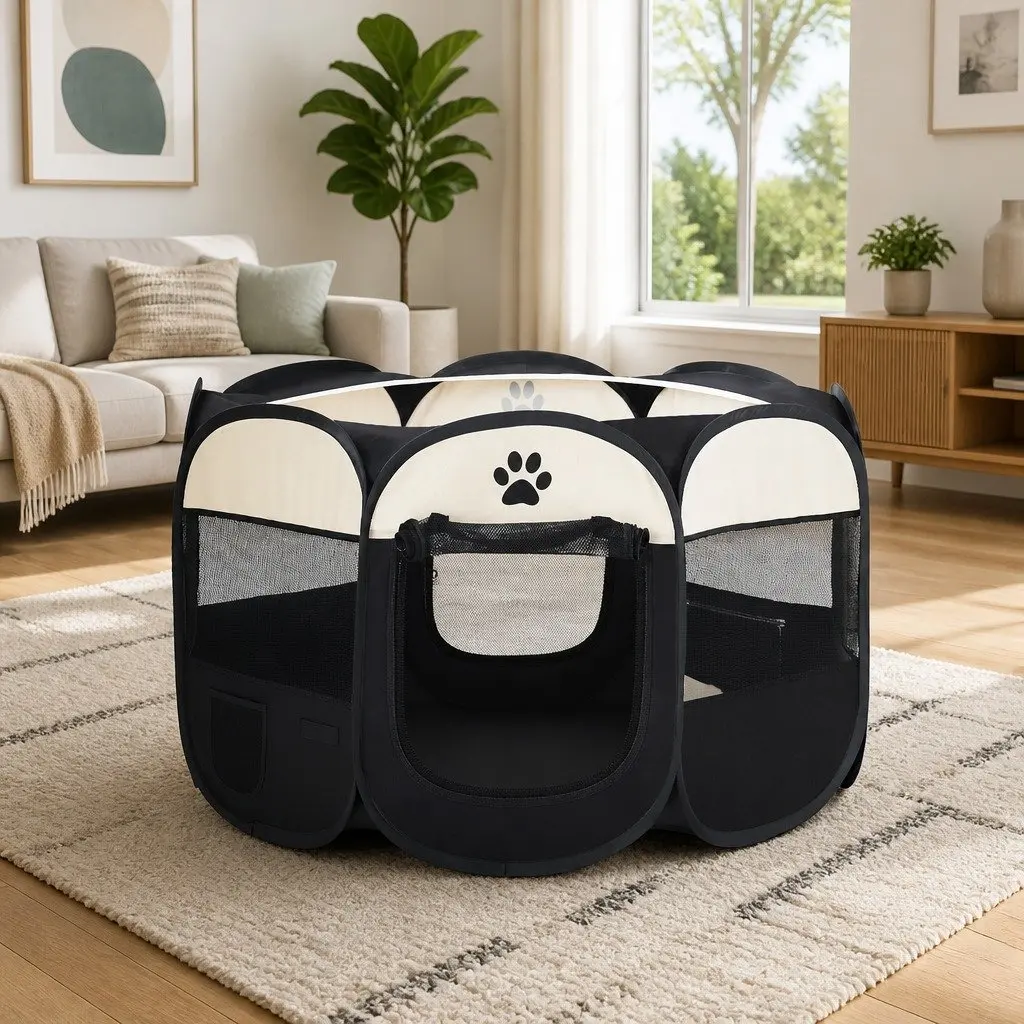 Pet Playpen Enclosure 3XL Foldable Indoor Outdoor Shelter with Removable Roof Black and White