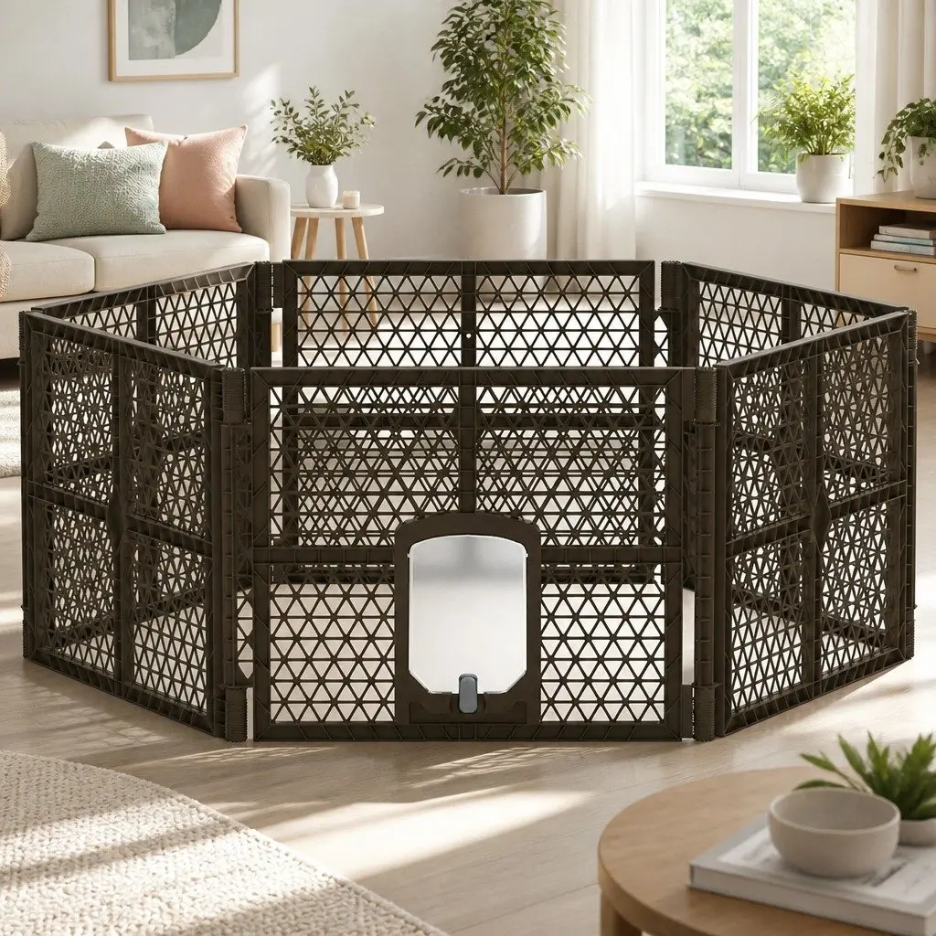 Dog Playpen Enclosure 6 Panel Plastic Foldable 87.5cm Brown