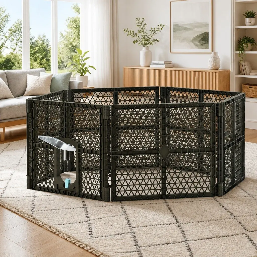 Dog Playpen Enclosure 6 Panel Plastic Foldable 87.5cm Brown