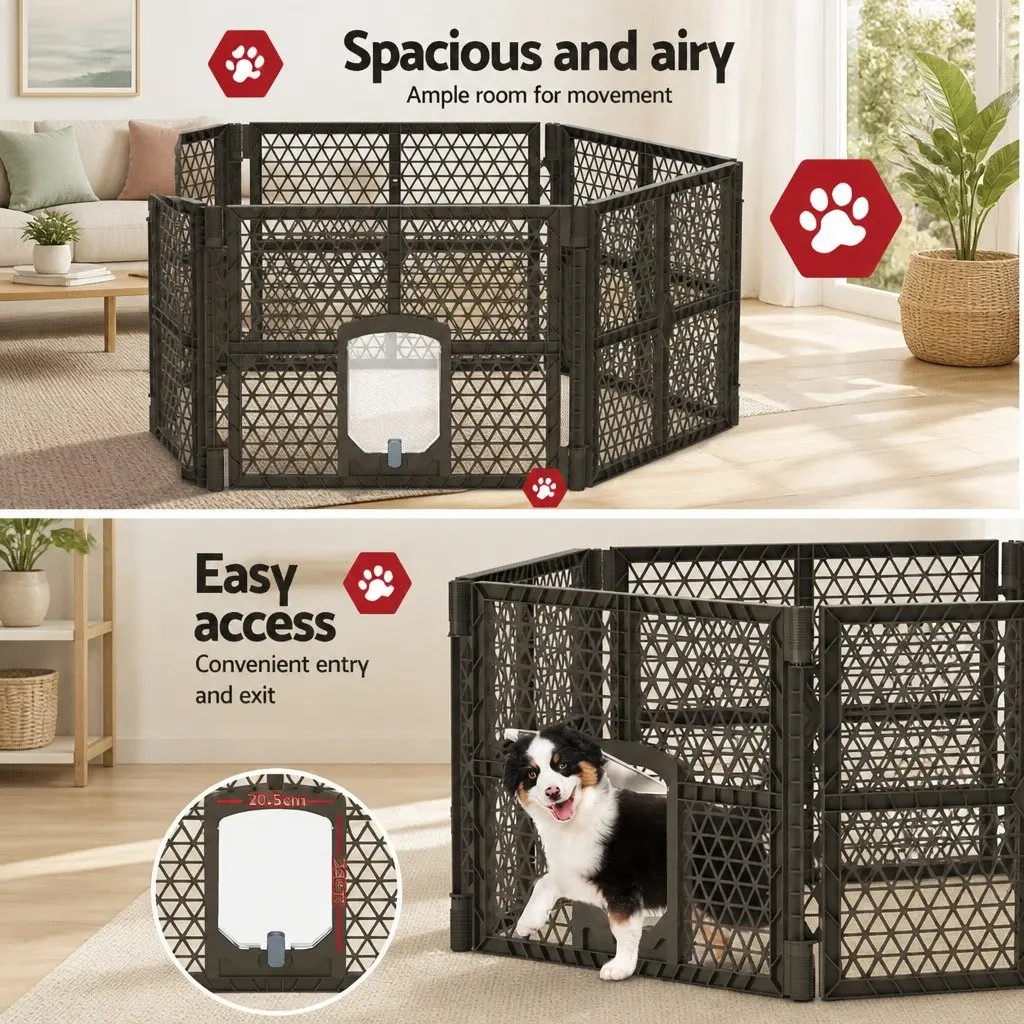 Dog Playpen Enclosure 6 Panel Plastic Foldable 87.5cm Brown