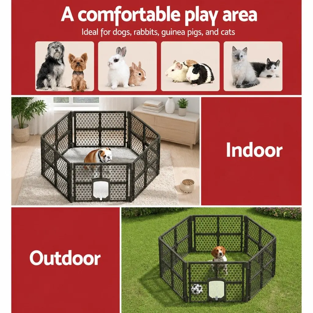 Dog Playpen Enclosure 6 Panel Plastic Foldable 87.5cm Brown