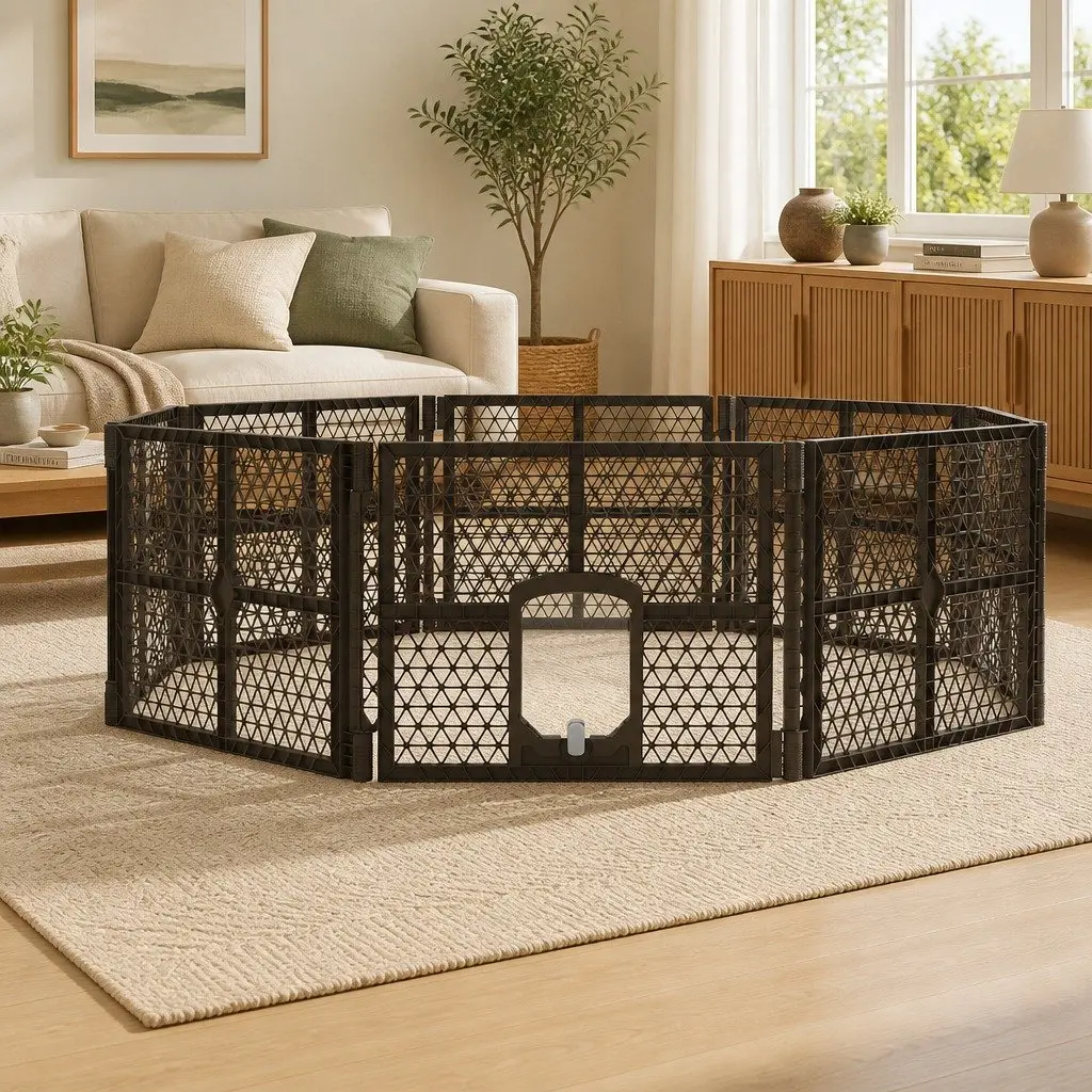 Dog Playpen 8 Panel PP Plastic Enclosure 87.5cm Brown Foldable