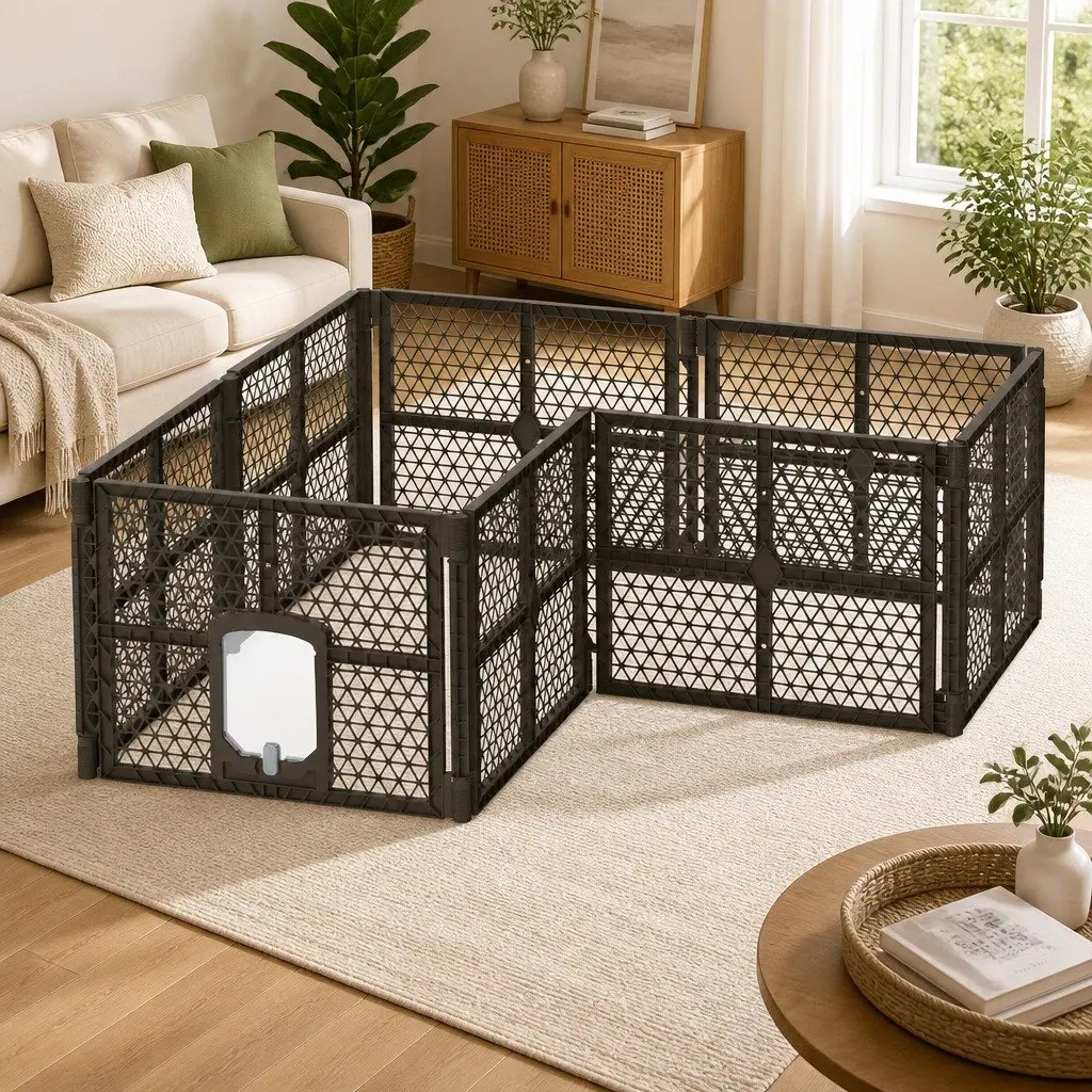 Dog Playpen 8 Panel PP Plastic Enclosure 87.5cm Brown Foldable