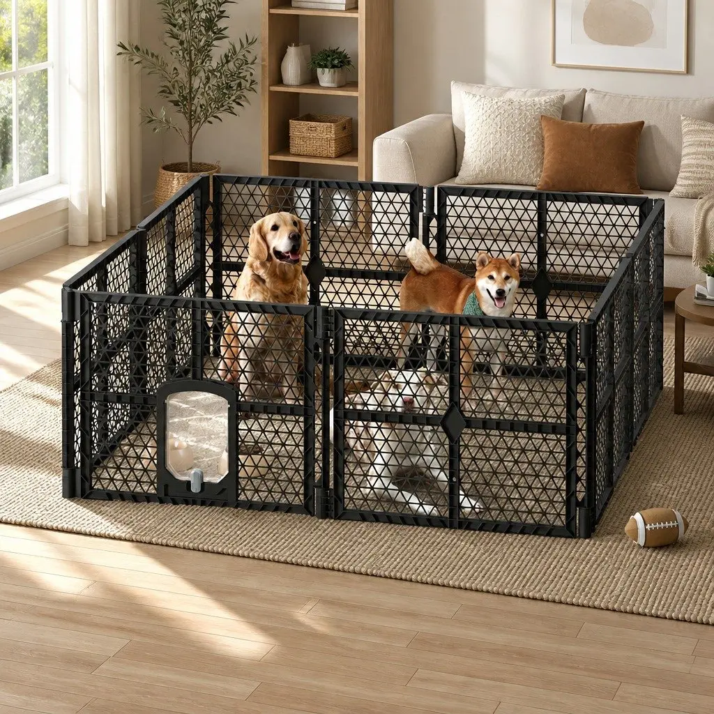 Dog Playpen 8 Panel PP Plastic Enclosure 87.5cm Brown Foldable