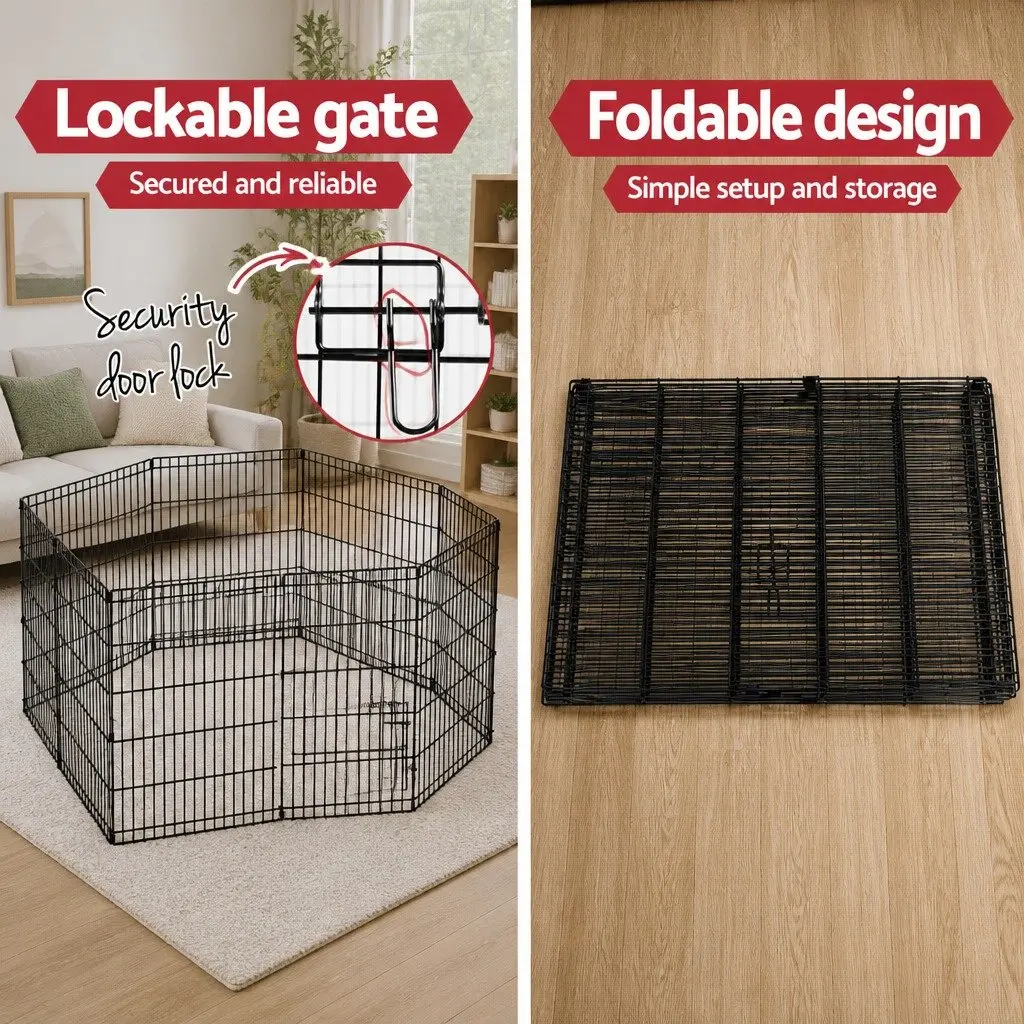 8 Panel Steel Pet Playpen 30 Inch Foldable Black Exercise Enclosure Indoor Outdoor