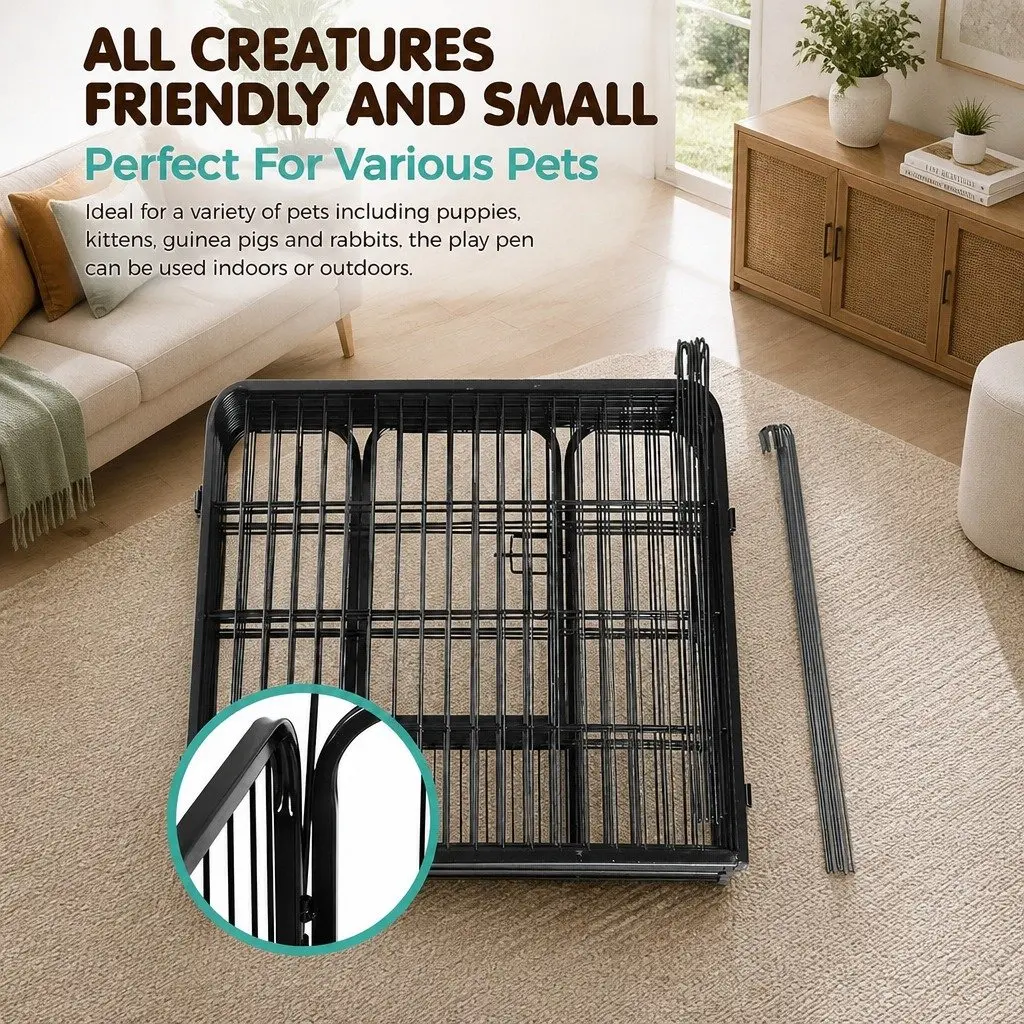 8 Panel Dog Playpen Foldable Powder Coated 80 x 80cm Black