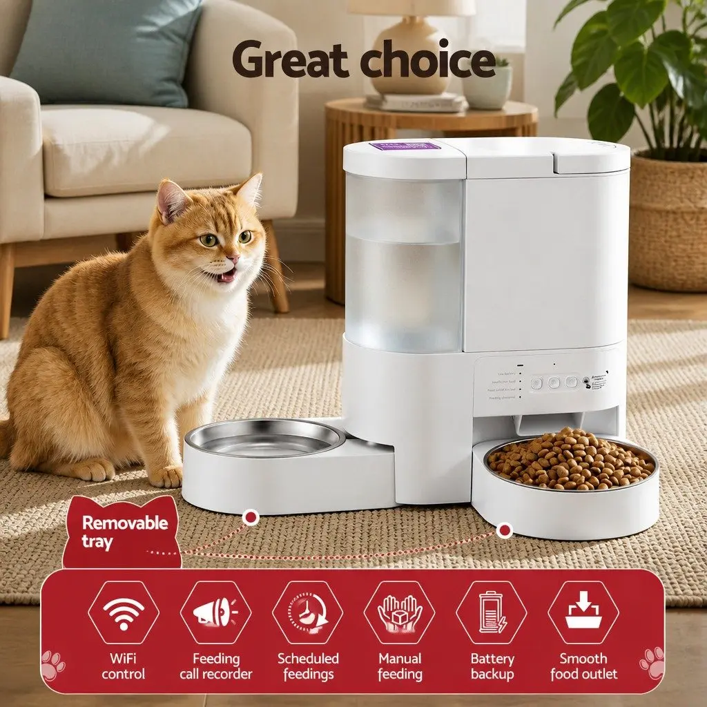 Automatic Pet Feeder Water Dispenser 4L White ABS Plastic 2-in-1 Smart WiFi App Control