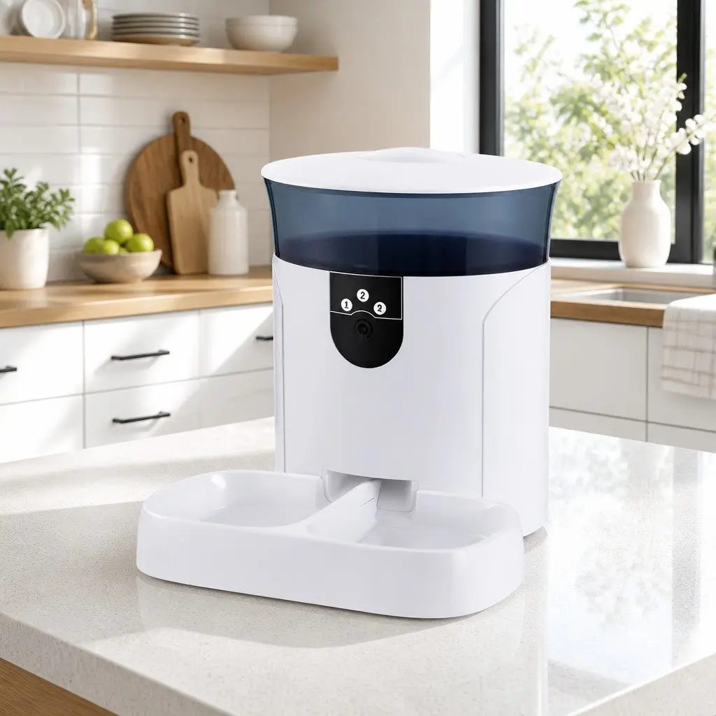 Automatic Pet Feeder with WiFi Camera 7L White ABS Plastic for Dogs and Cats with App Control and Night Vision