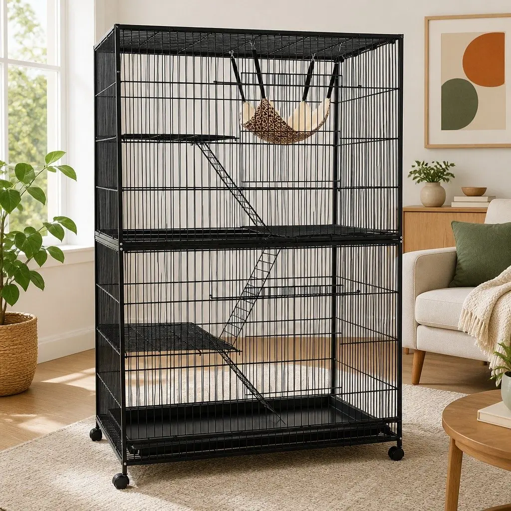 Rabbit Cage Hutch Multi-Level Powder-Coated Metal 142cm Height Black