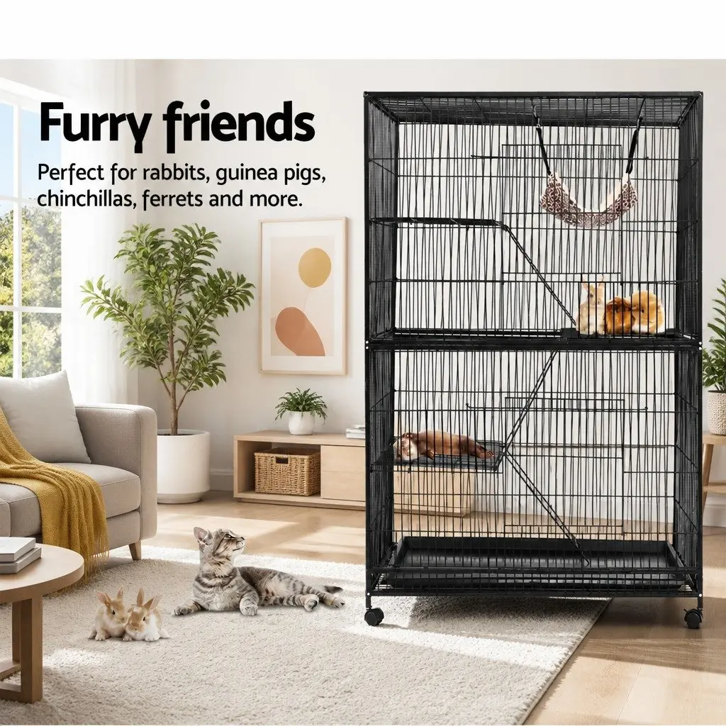 Rabbit Cage Hutch Multi-Level Powder-Coated Metal 142cm Height Black