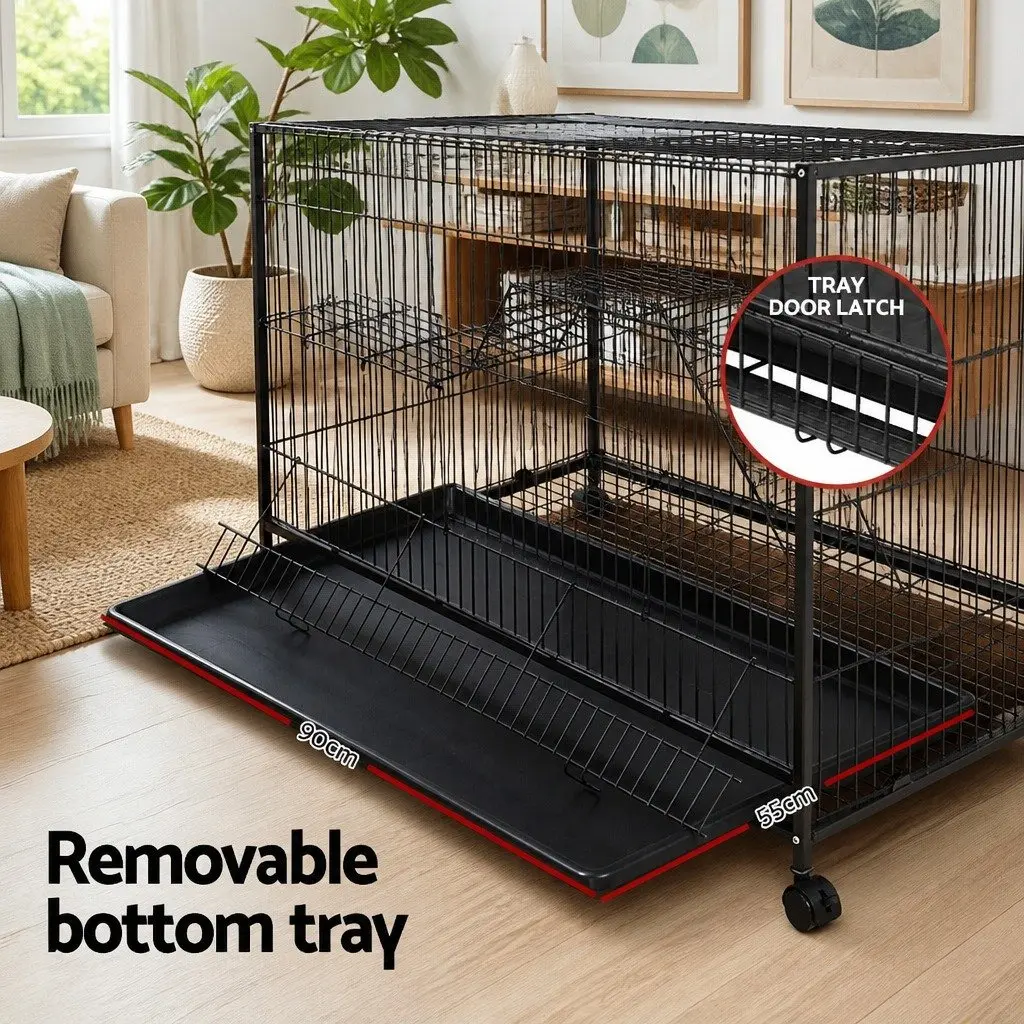 Rabbit Cage Hutch Multi-Level Powder-Coated Metal 142cm Height Black