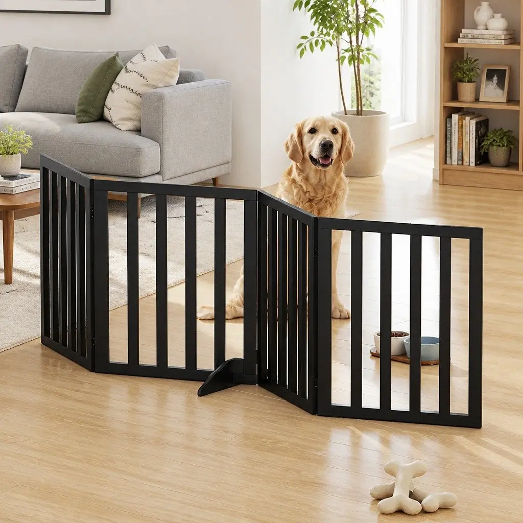Dog Gate Playpen Enclosure 4 Panels Pet Door Fence Wooden Play Pen Stair Black