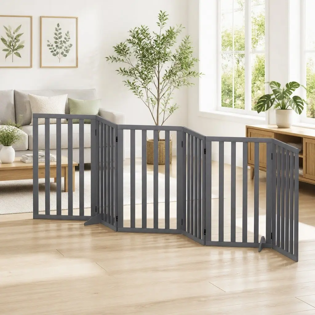 Dog Playpen Gate 6 Panels Foldable MDF Pet Enclosure Grey 282cm x 80cm