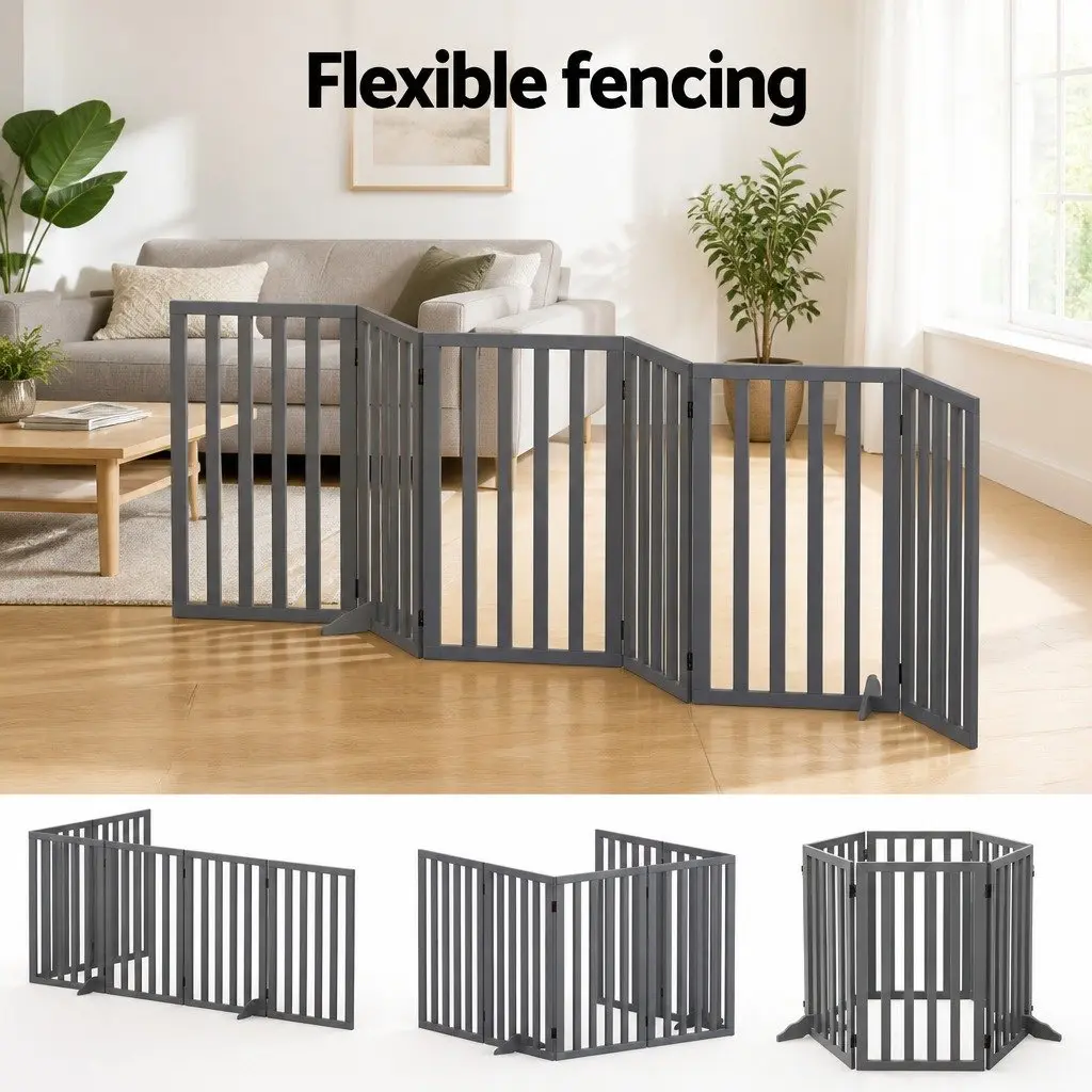 Dog Playpen Gate 6 Panels Foldable MDF Pet Enclosure Grey 282cm x 80cm