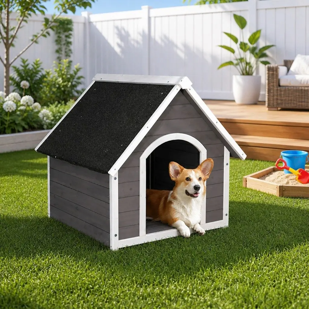 Dog Kennel Wooden Large Outdoor House Indoor Puppy Pet Cabin Weatherproof Grey