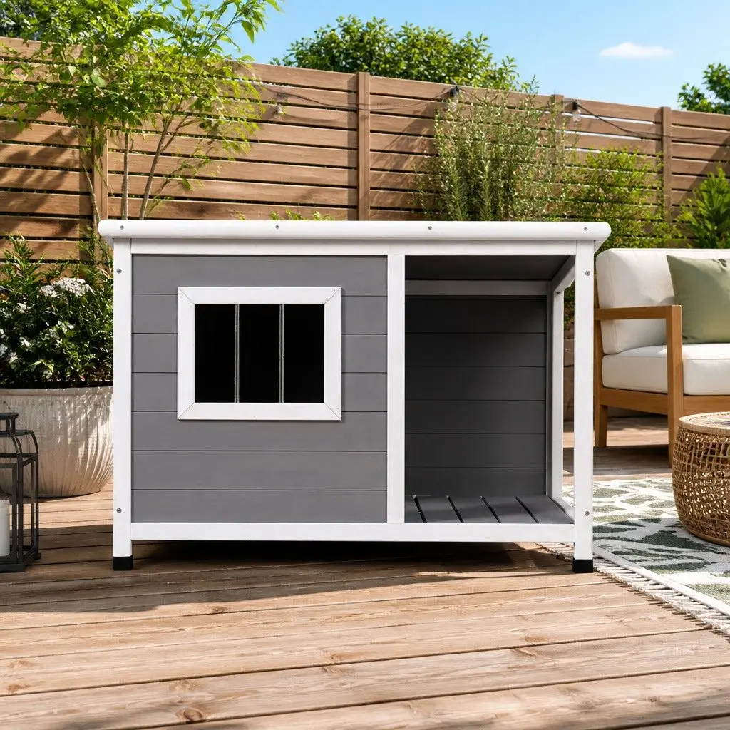 Dog Kennel House Large Wooden Outdoor Indoor Puppy Cabin Log Pet Shelter Grey