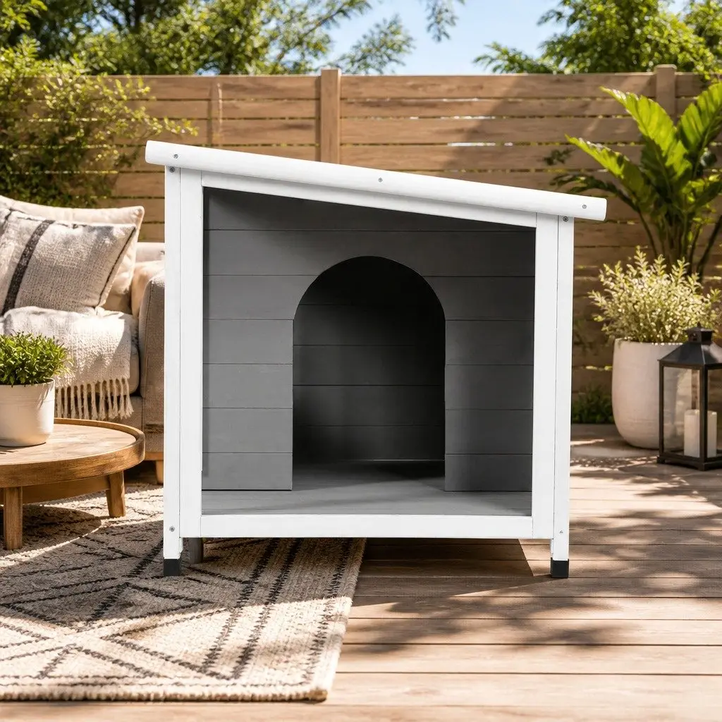 Dog Kennel House Large Wooden Outdoor Indoor Puppy Cabin Log Pet Shelter Grey