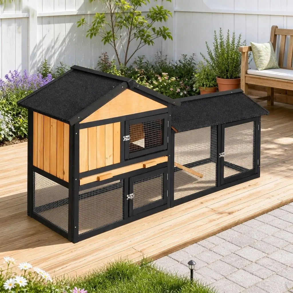 Wooden Chicken Coop Rabbit Hutch Large Run Cage 165cm Brown
