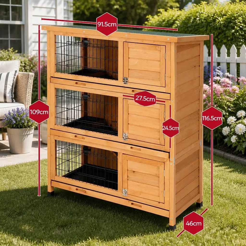 Rabbit Hutch Wooden 3-Tier Outdoor Cage 91.5cm Brown