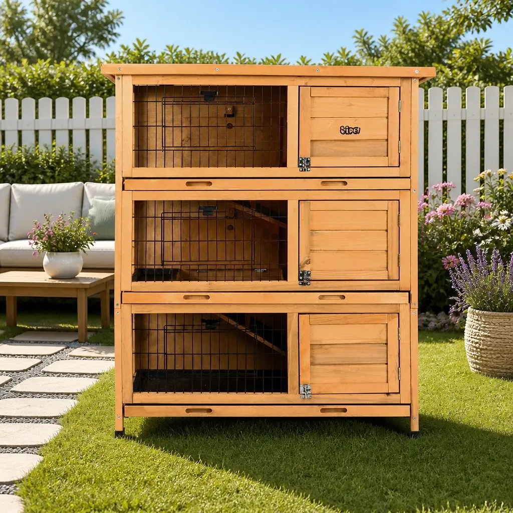 Rabbit Hutch Wooden 3-Tier Outdoor Cage 91.5cm Brown
