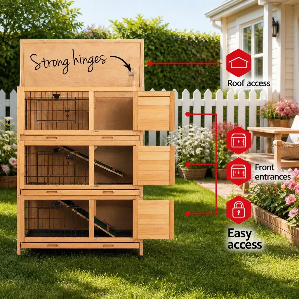 Rabbit Hutch Wooden 3-Tier Outdoor Cage 91.5cm Brown