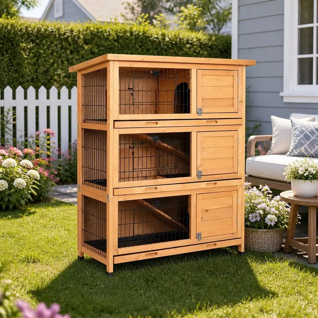 Rabbit Hutch Wooden 3-Tier Outdoor Cage 91.5cm Brown
