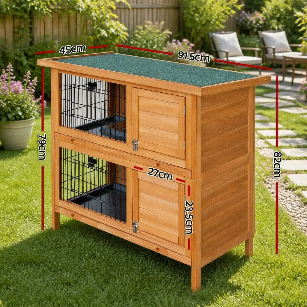 Rabbit Hutch Wooden Double Tier 91.5cm Natural Wood