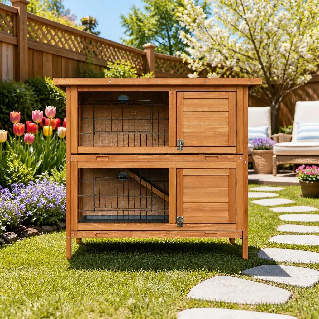 Rabbit Hutch Wooden Double Tier 91.5cm Natural Wood