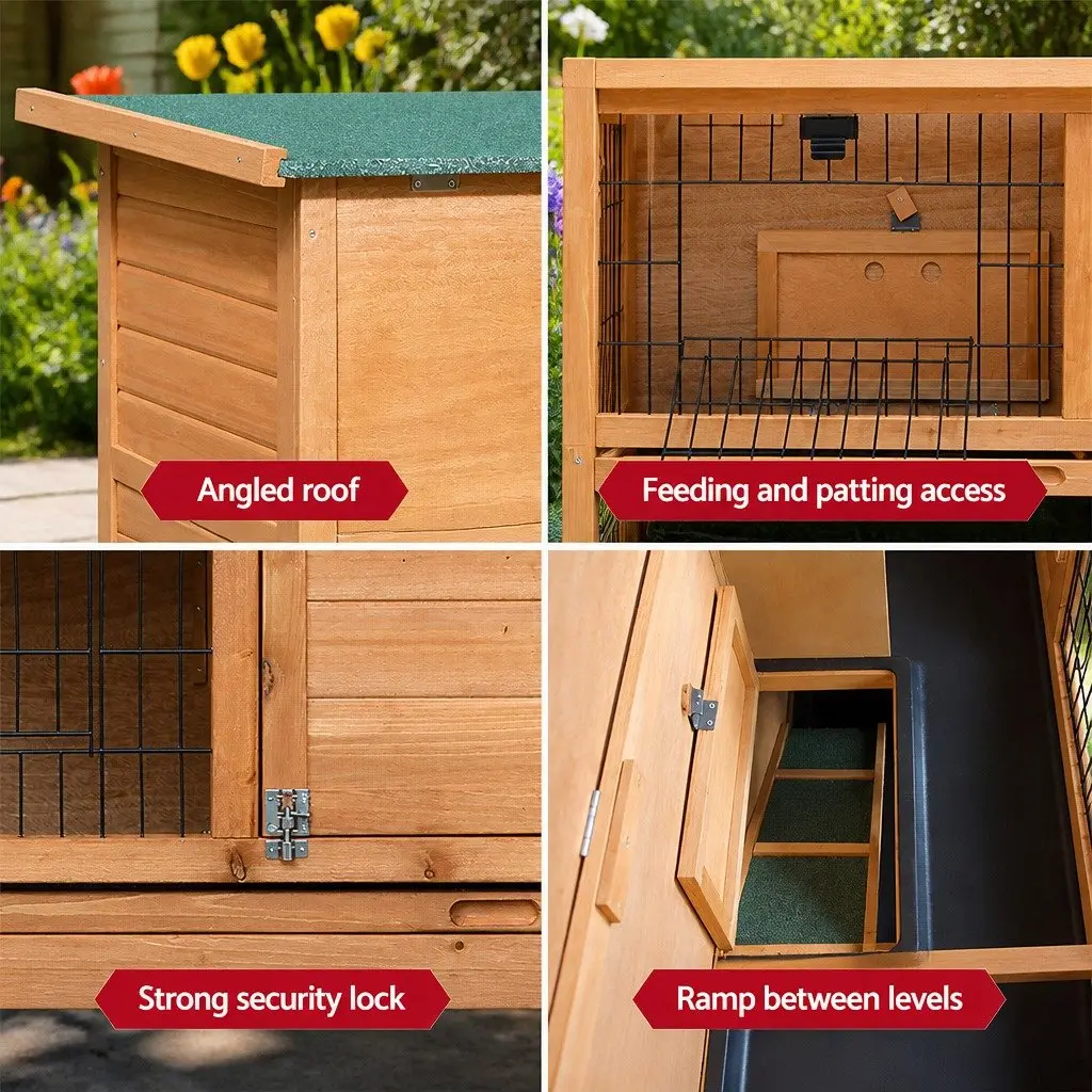Rabbit Hutch Wooden Double Tier 91.5cm Natural Wood