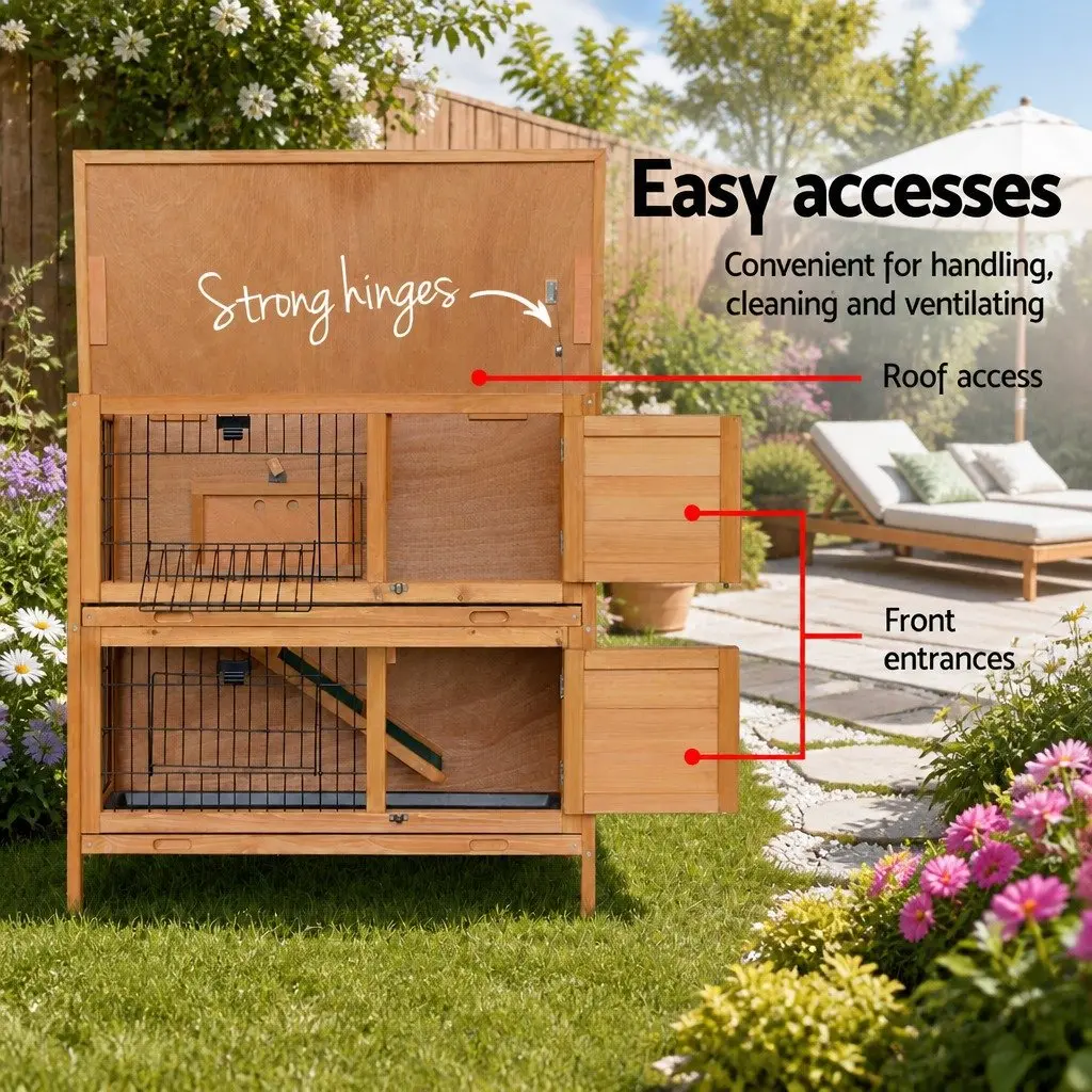 Rabbit Hutch Wooden Double Tier 91.5cm Natural Wood