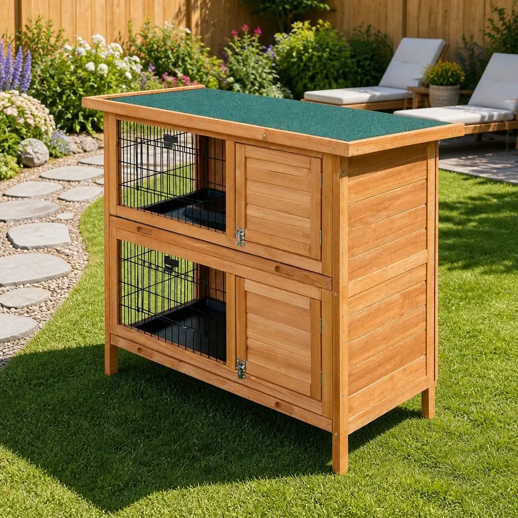 Rabbit Hutch Wooden Double Tier 91.5cm Natural Wood