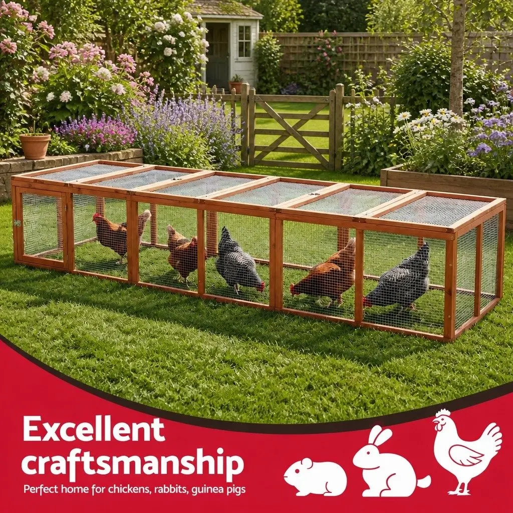 Wooden Chicken Coop Outdoor Large Pet Run Cage Play Area 240cm Brown