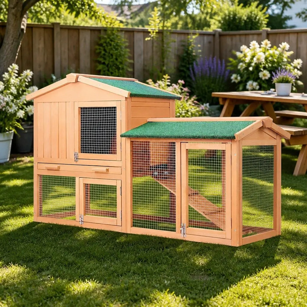 Wooden Chicken Coop Rabbit Hutch 138cm Large Outdoor Pet Cage House Beige