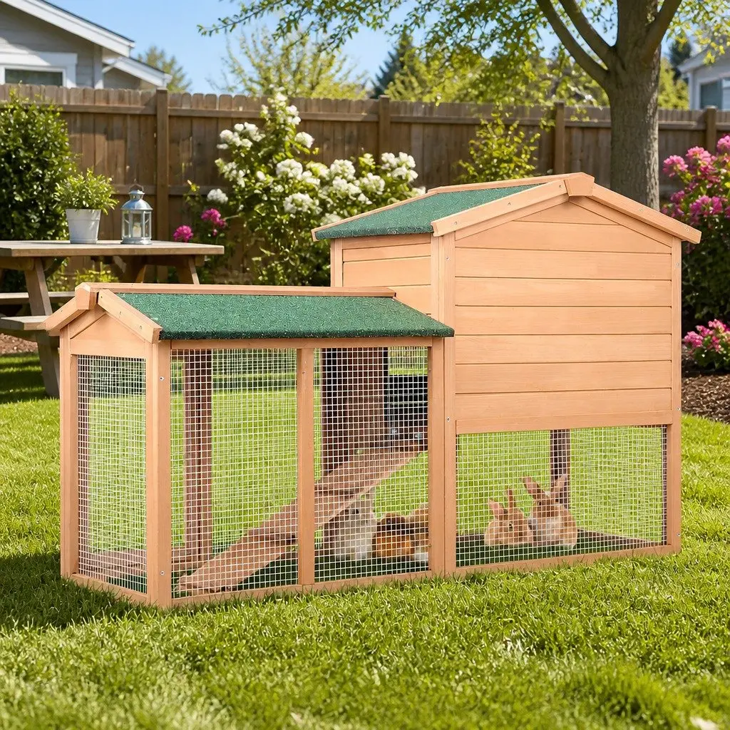Wooden Chicken Coop Rabbit Hutch 138cm Large Outdoor Pet Cage House Beige