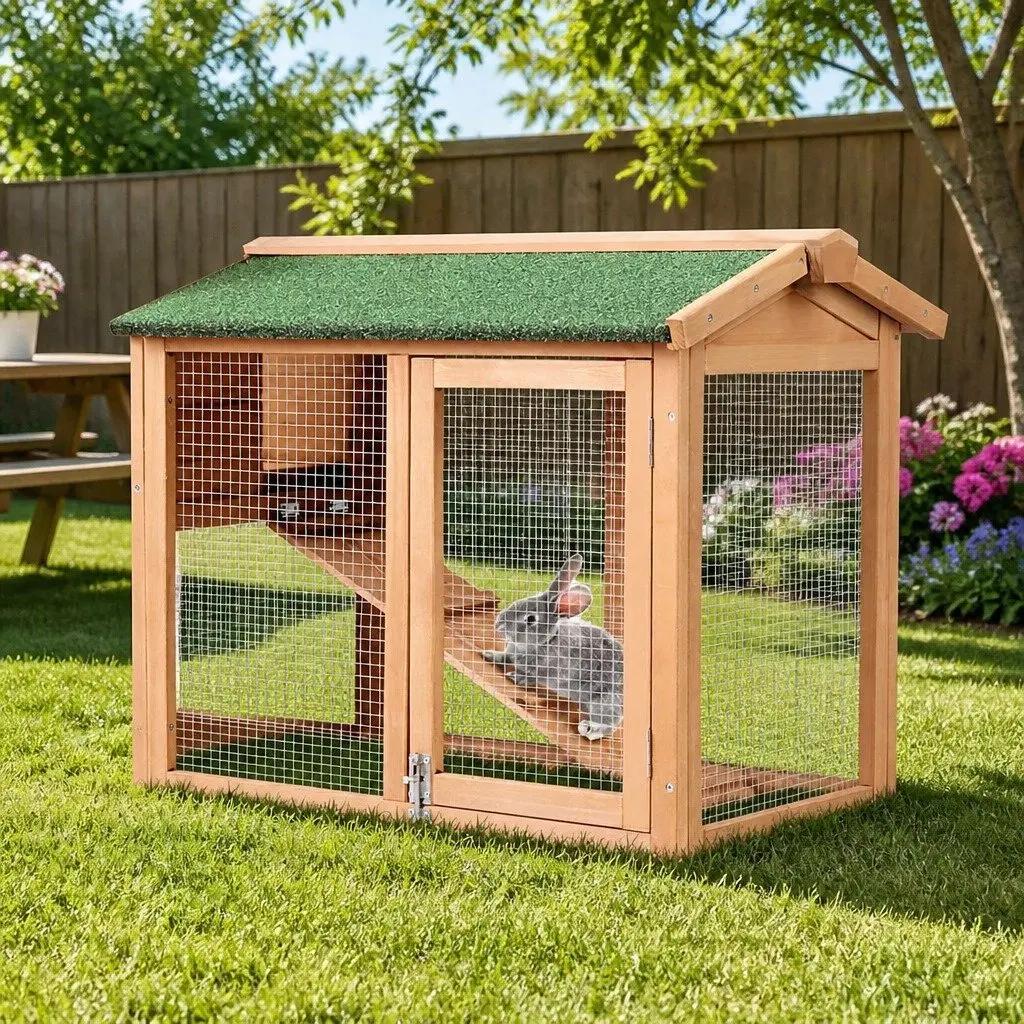 Wooden Chicken Coop Rabbit Hutch 138cm Large Outdoor Pet Cage House Beige