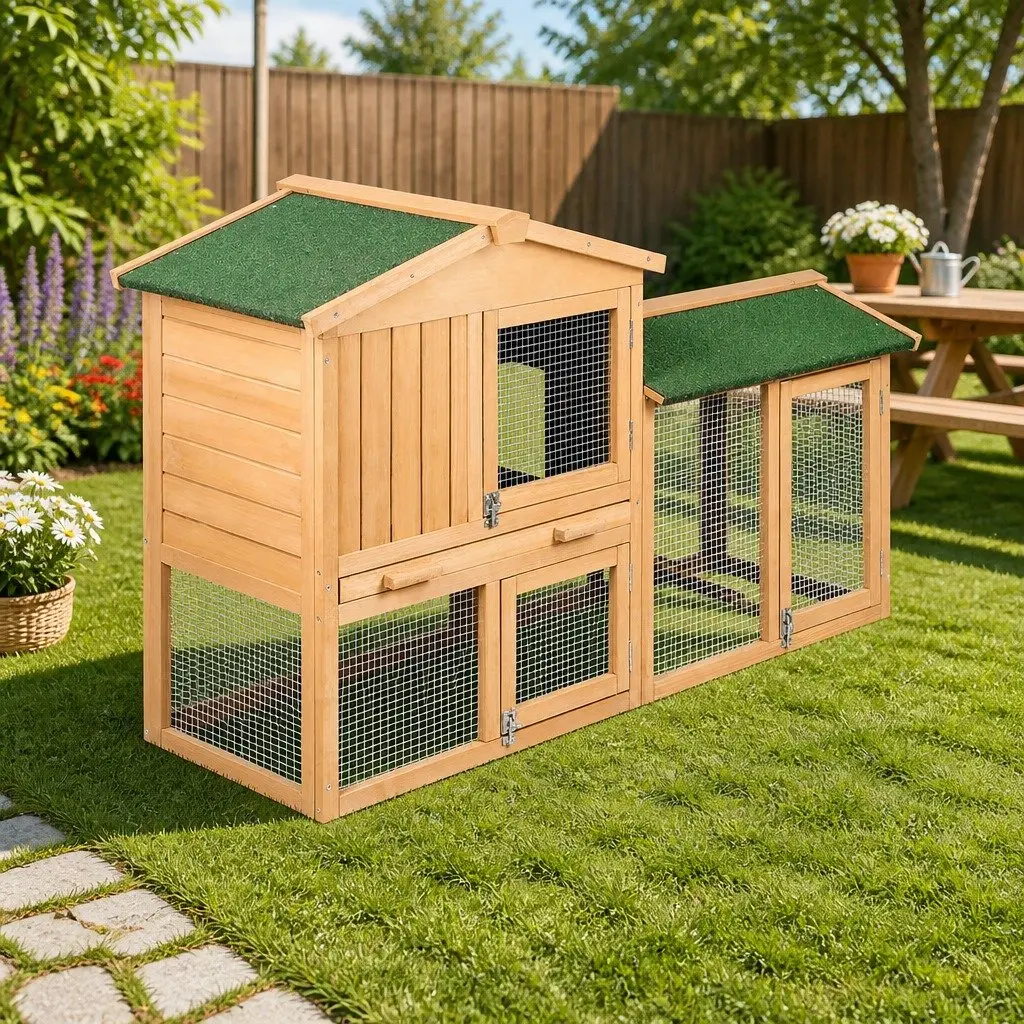 Wooden Chicken Coop Rabbit Hutch 138cm Large Outdoor Pet Cage House Beige